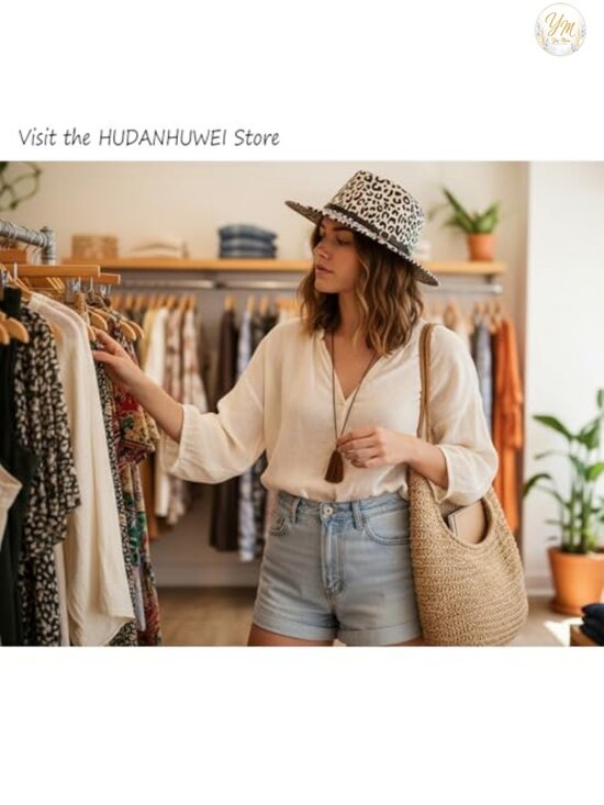 Womens Wide Brim Felt Fedora Panama Hat Leopard Belt Outdoor Sun Hat main image 4